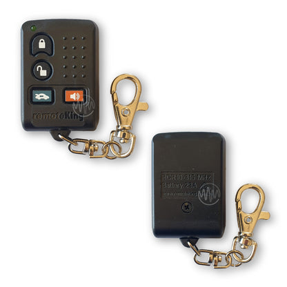 Black Remote King branded garage door remote with open/closed padlock, car & siren icon buttons front & back view