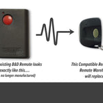 Large black B&D round red button remotes are replaced by small dark grey single button garage remote