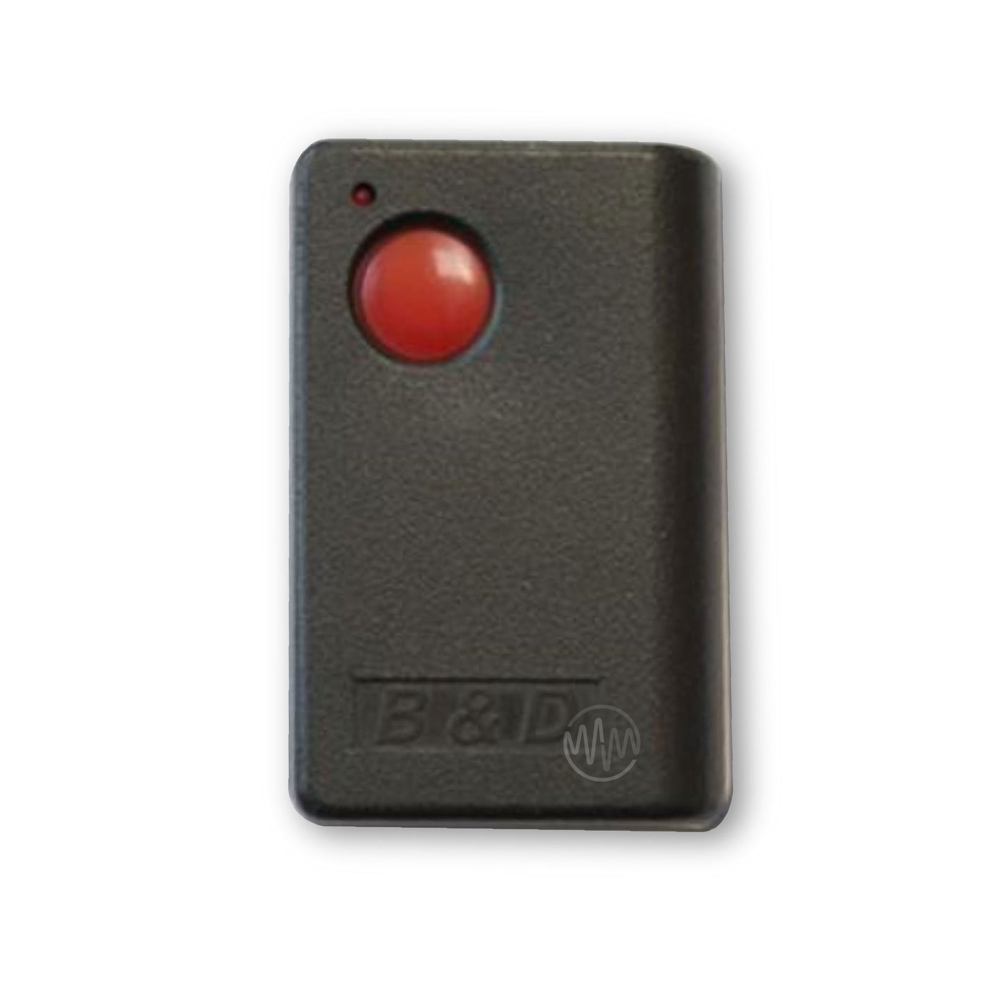 Large black B&D branded sun visor style remote with single large round red button at top