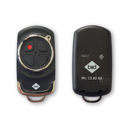 B&D black garage & gate remote with chrome accents & round segmented 4 button face front & back view