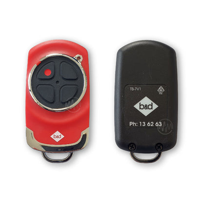 B&D red garage & gate remote with chrome accents & round segmented 4 button face front & back view