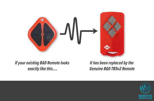 B&D TB2 tiny diamond shape remote is replaced with red TB5V2 grey 4 diamond button remote