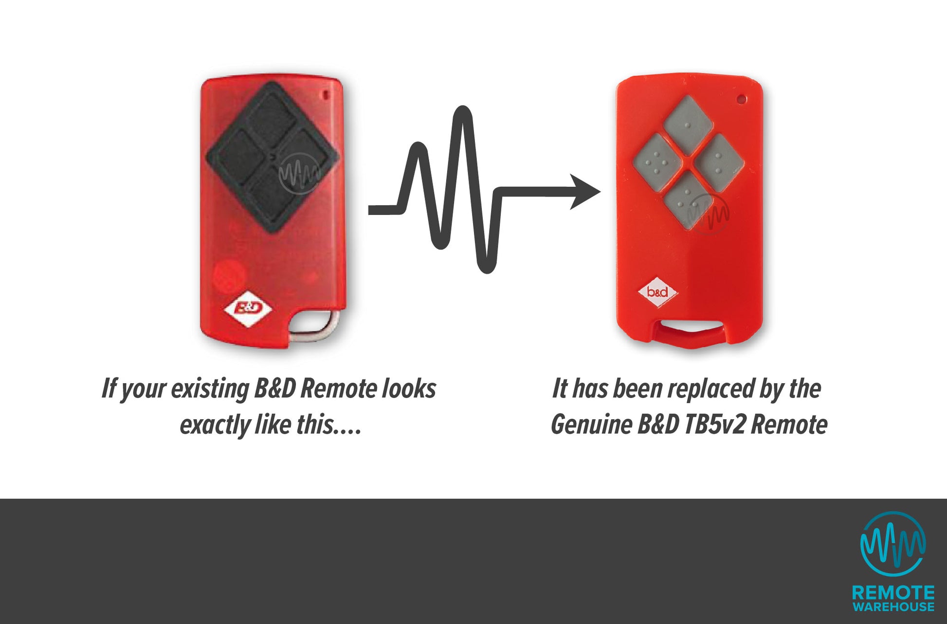 TB4 red remote with black diamond buttons & silver keyring edge is replaced with TB5V2 grey diamond button remote