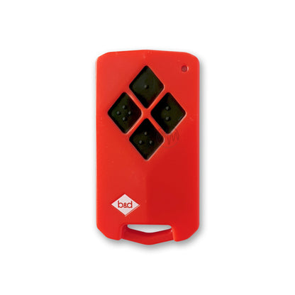 B&D TB5v1 red garage remote with 4 black diamond shaped rubber buttons