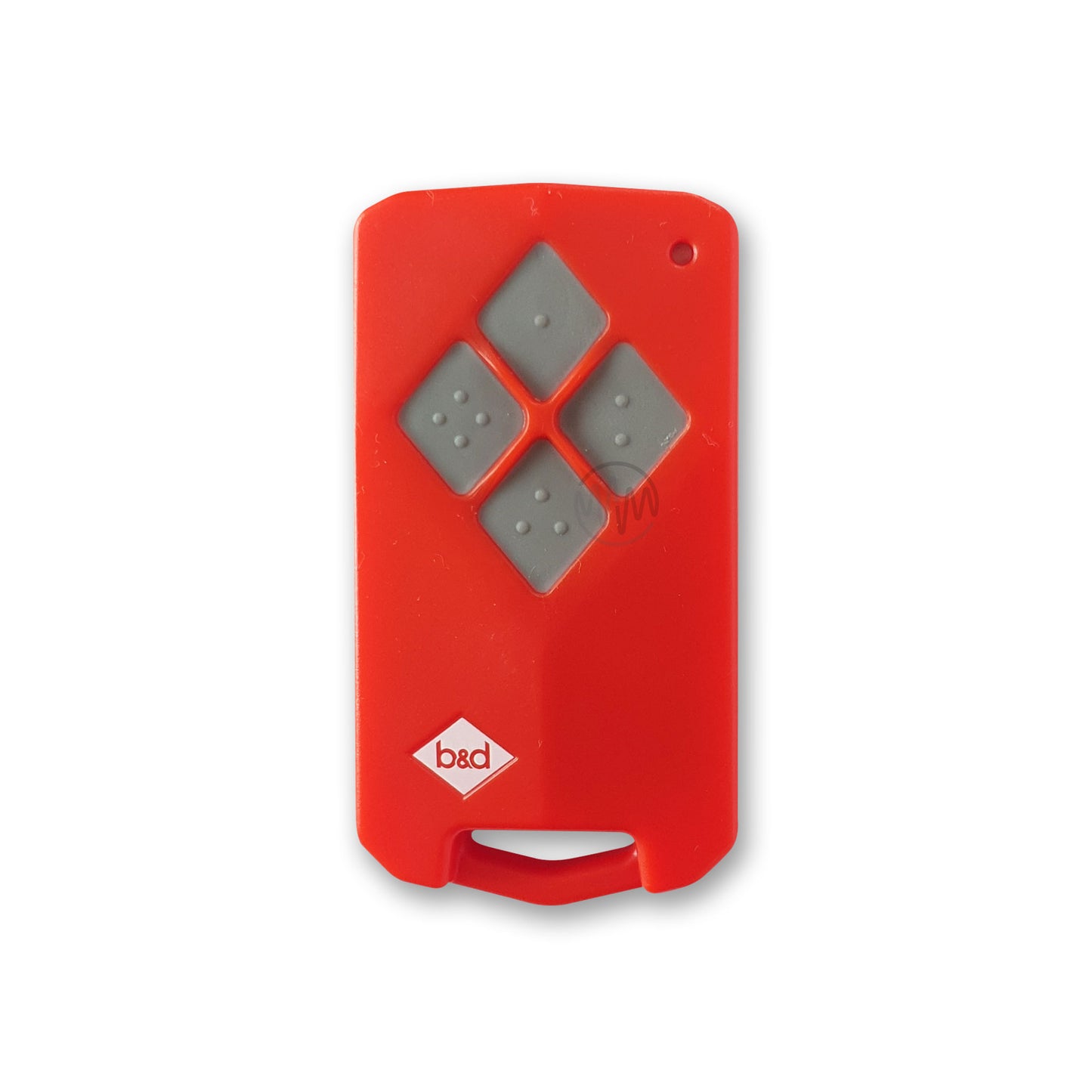 B&D TB5v2 red garage remote with 4 grey diamond shaped rubber buttons