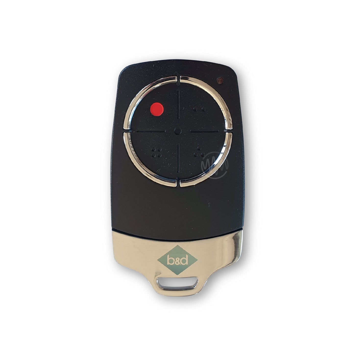 Black B&D TB6 garage remote with large black circle button segmented into 4 parts