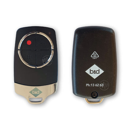 Black B&D TB6 garage remote with large black circle button segmented into 4 Front & Back view