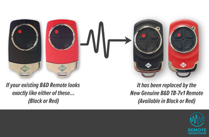 B&D TB6 remotes are updated to B&D TB-7v1 red or black segmented 4 button garage remotes