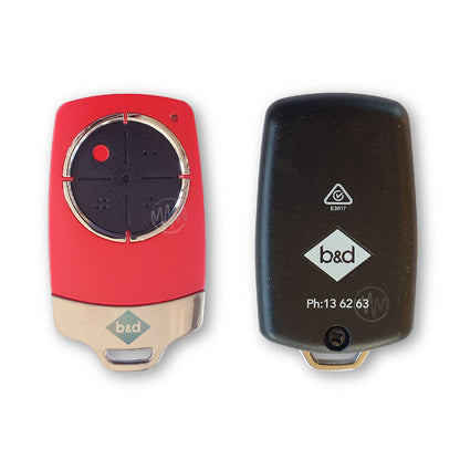 Red B&D TB6 garage remote with large black circle button segmented into 4 Front & Back view