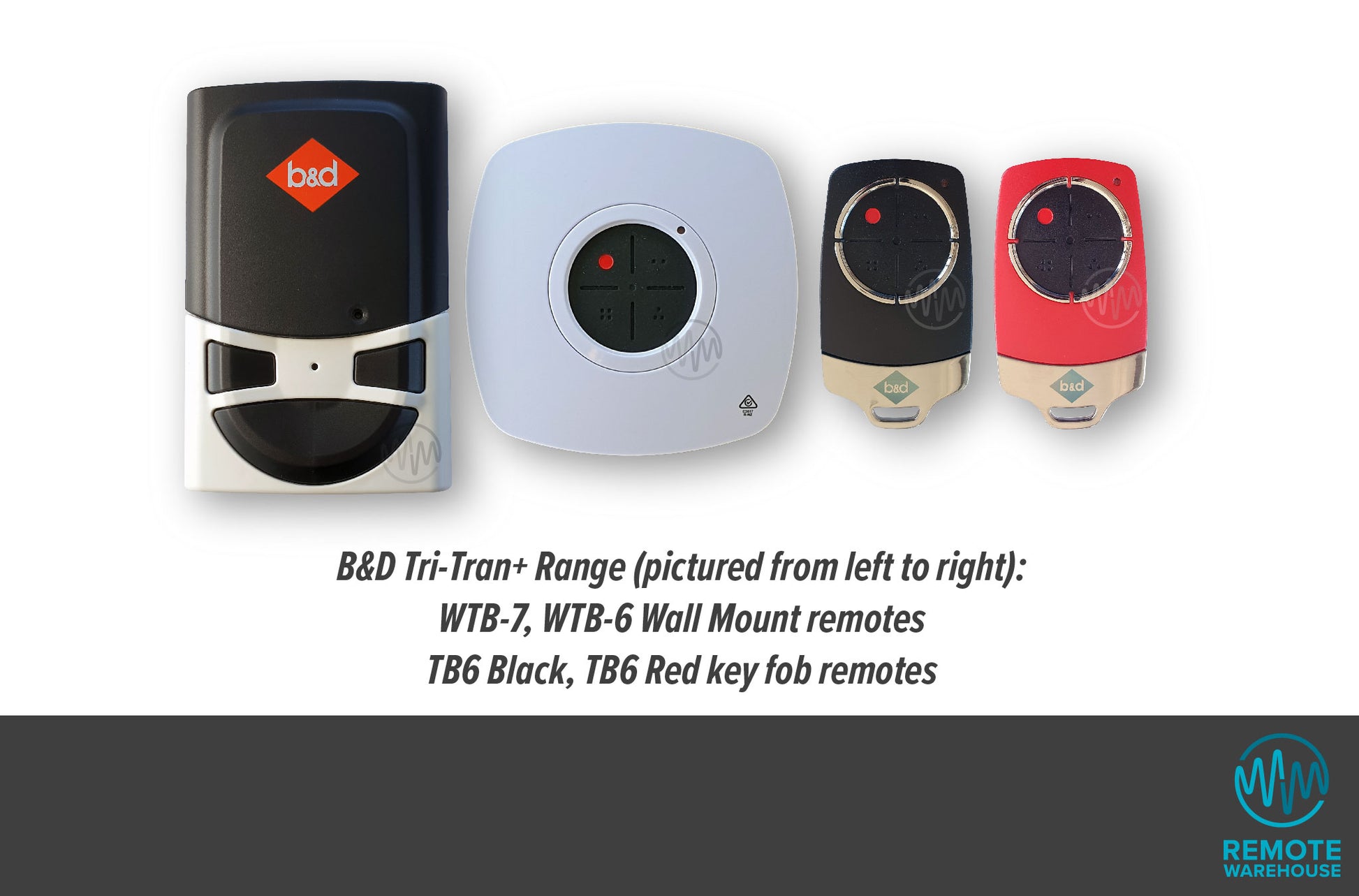 B&D Tri-Tran+ range of red & black garage & gate remotes with segmented circular button pads