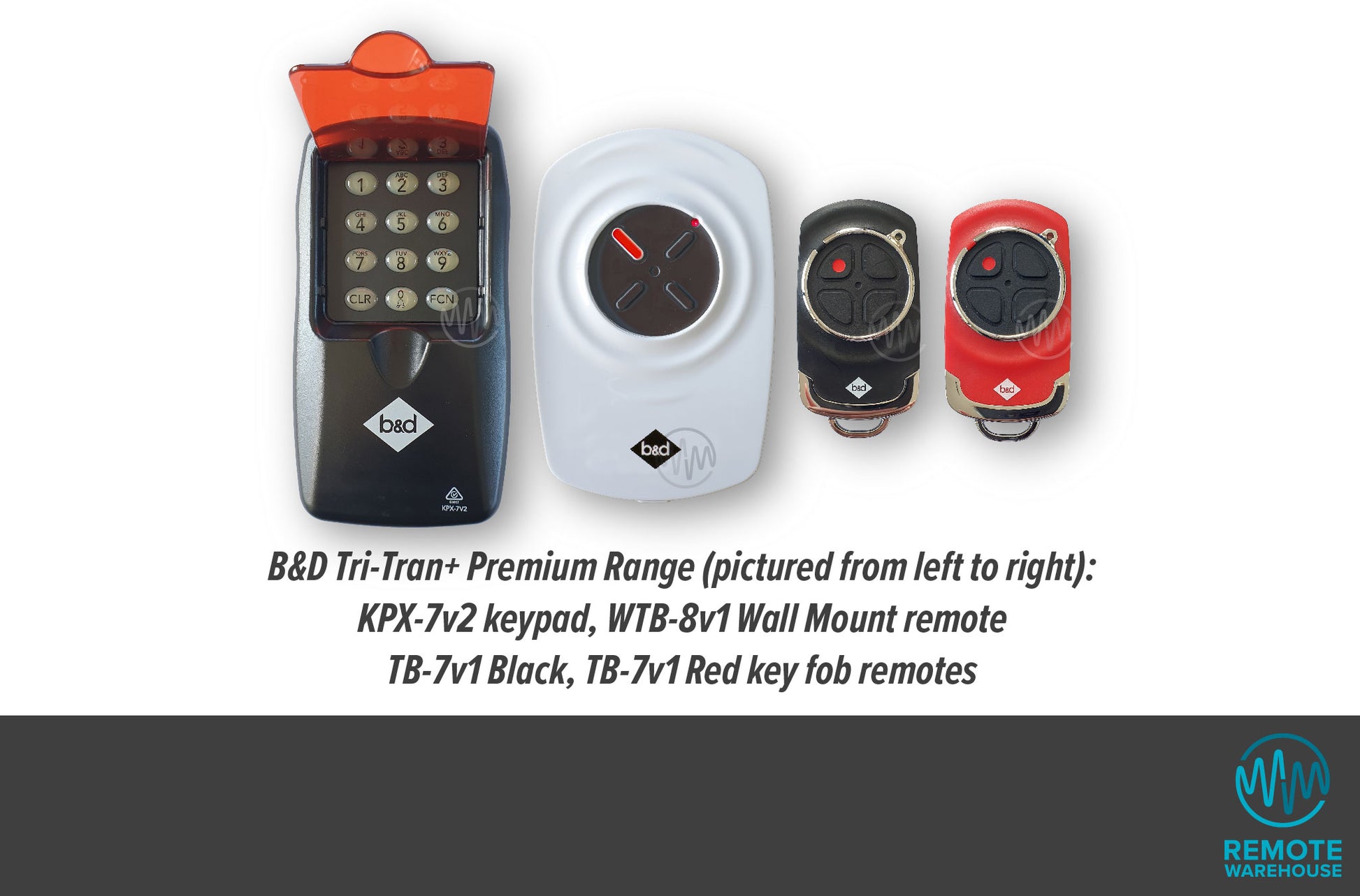 B&D Tri-Tran+ premium range of red & black garage & gate remotes & keypad with segmented circular button pads