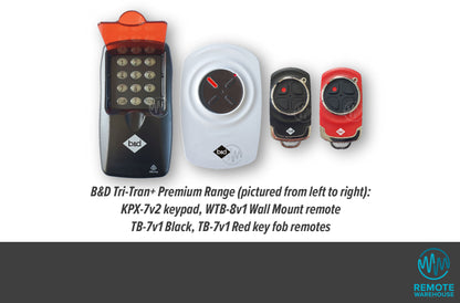 B&D Tri-Tran+ premium range of red & black garage & gate remotes & keypad with segmented circular button pads