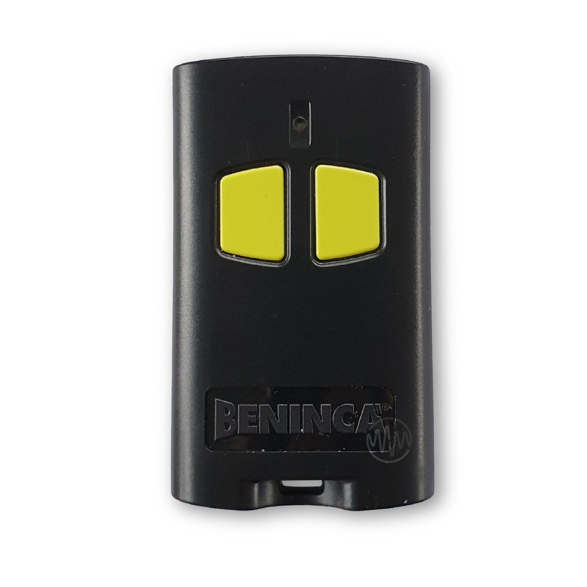 Beninca branded black rectangle gate remote with 2 lime green buttons