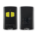 Beninca branded To.Go-VA black rectangle gate remote with 2 lime green buttons front & back