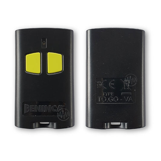 Beninca branded To.Go-VA black rectangle gate remote with 2 lime green buttons front & back