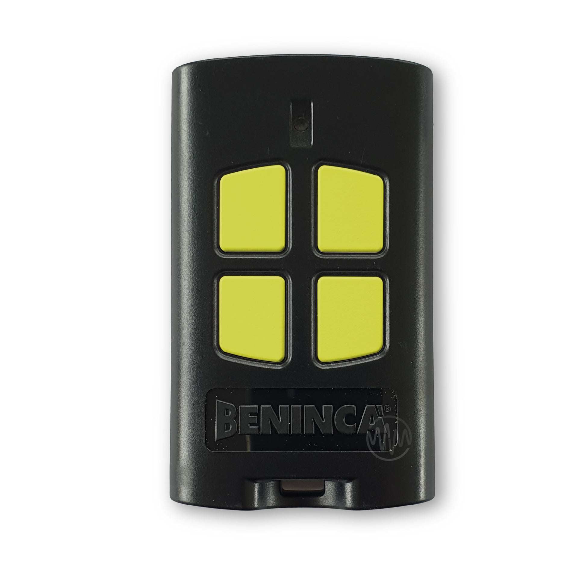 Beninca branded black gate door remote with 4 segmented lime green buttons