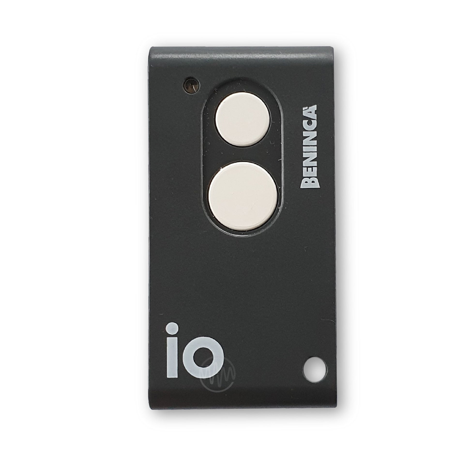 Beninca small grey rectangle gate remote with iO printed on front & 2x white round buttons
