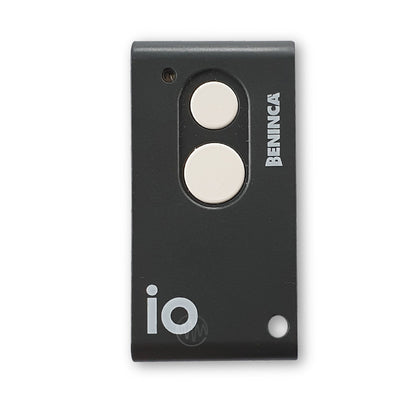 Beninca small grey rectangle gate remote with iO printed on front & 2x white round buttons