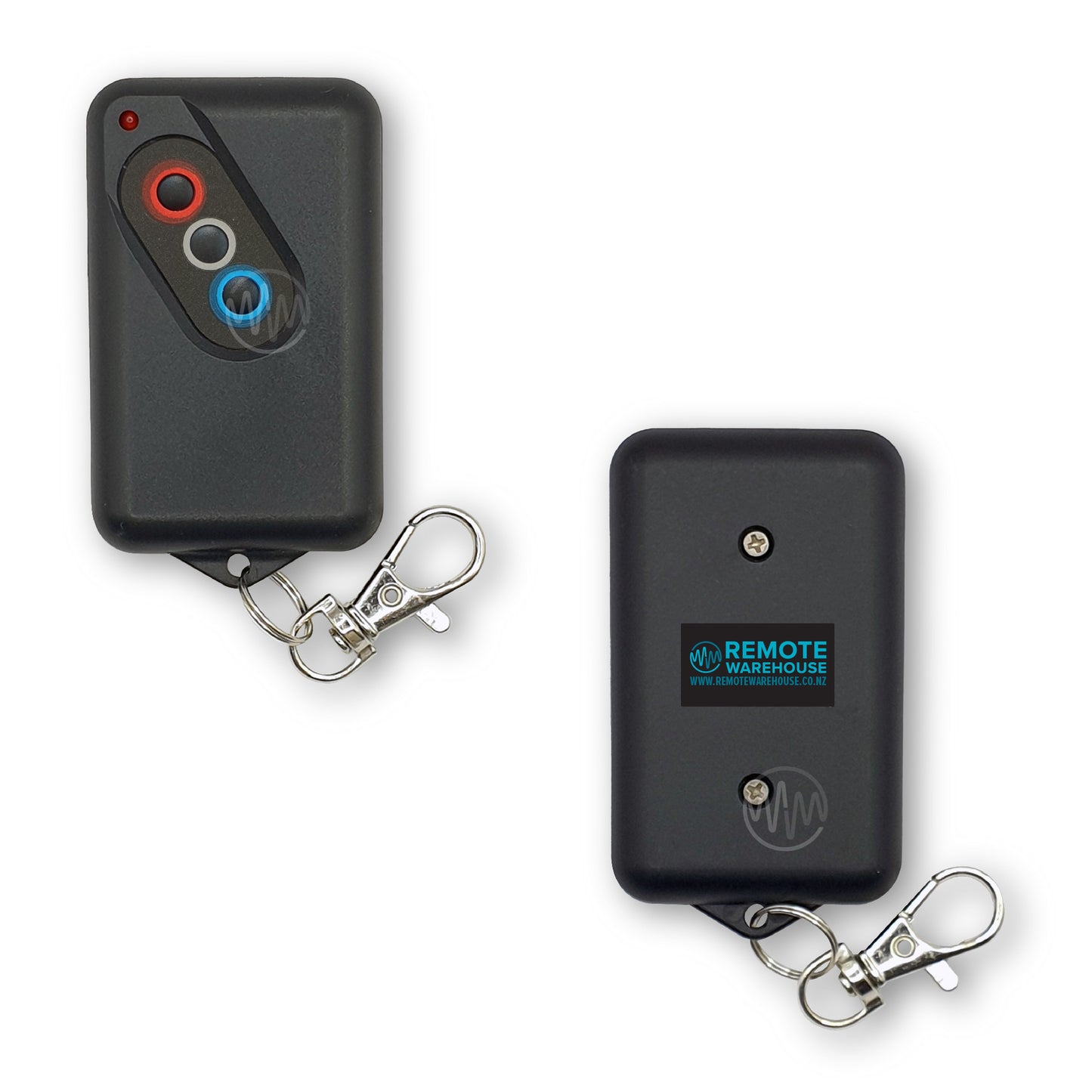 Front + Back view of black rectangle Boss compatible remote with 3 circular buttons in a diagonal line