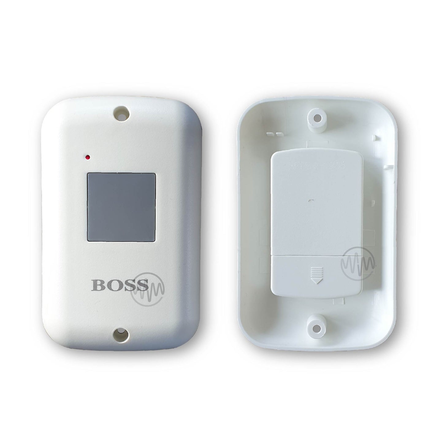 Front & back view of BOSS white wireless wall button garage remote 