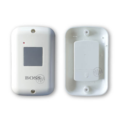 Front & back view of BOSS white wireless wall button garage remote 
