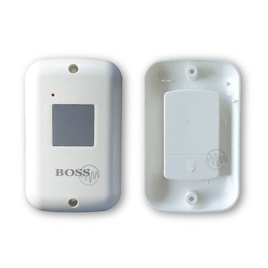 Front & back view of BOSS white wireless wall button garage remote 
