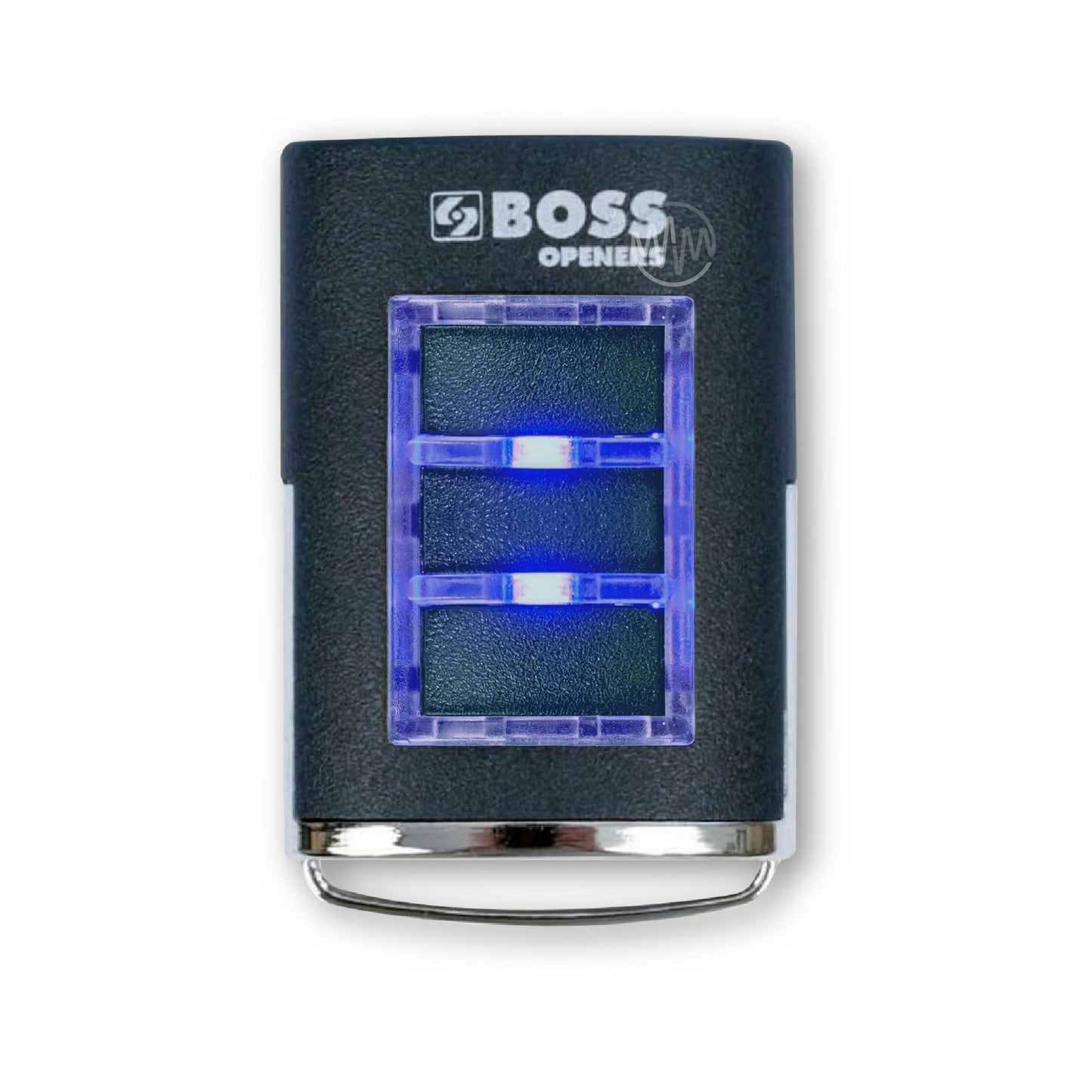 Boss branded rectangle dark navy blue garage door remote with 3 rectangle buttons outlined with a blue led light