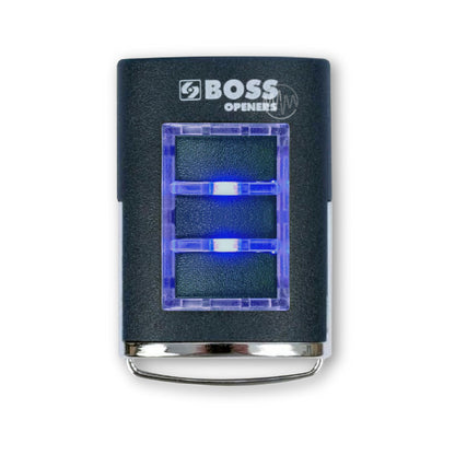 Boss branded rectangle dark navy blue garage door remote with 3 rectangle buttons outlined with a blue led light