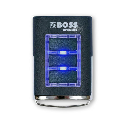 Boss branded rectangle dark navy blue garage door remote with 3 rectangle buttons outlined with a blue led light