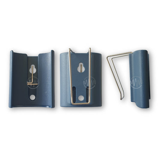 Front, back & side view of sun visor clip accessory for Boss branded HT3 garage door remotes