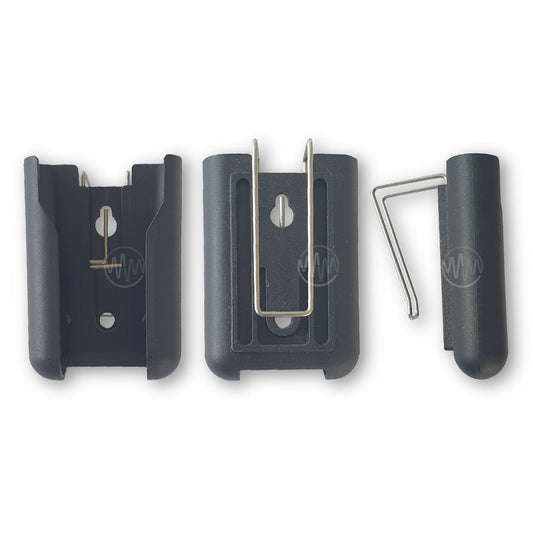 Front, back & side view of sun visor clip accessory for Boss branded HT4 garage door remotes