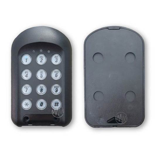 Front & back of Centsys wireless grey metal garage & gate keypad with clear numbered raised buttons