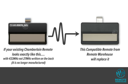 Old single long button black sun visor style Chamberlain branded remote is shown  with its replacement unbranded black single button sun visor garage door remote