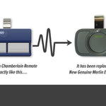 Chamberlain blue 3 button sun visor remote is replaced with the Merlin E960M grey 4 button sun visor remote