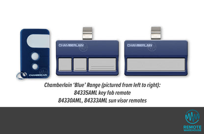 3 Blue Chamberlain Motorlift branded garage door remotes arranged in a row, 2 with sun visor clips & 1 with a key ring clip