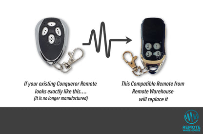 Chrome & black tear drop shape remote with 4 oval buttons is shown with its replacement chrome & black 4 button garage remote with slider cover
