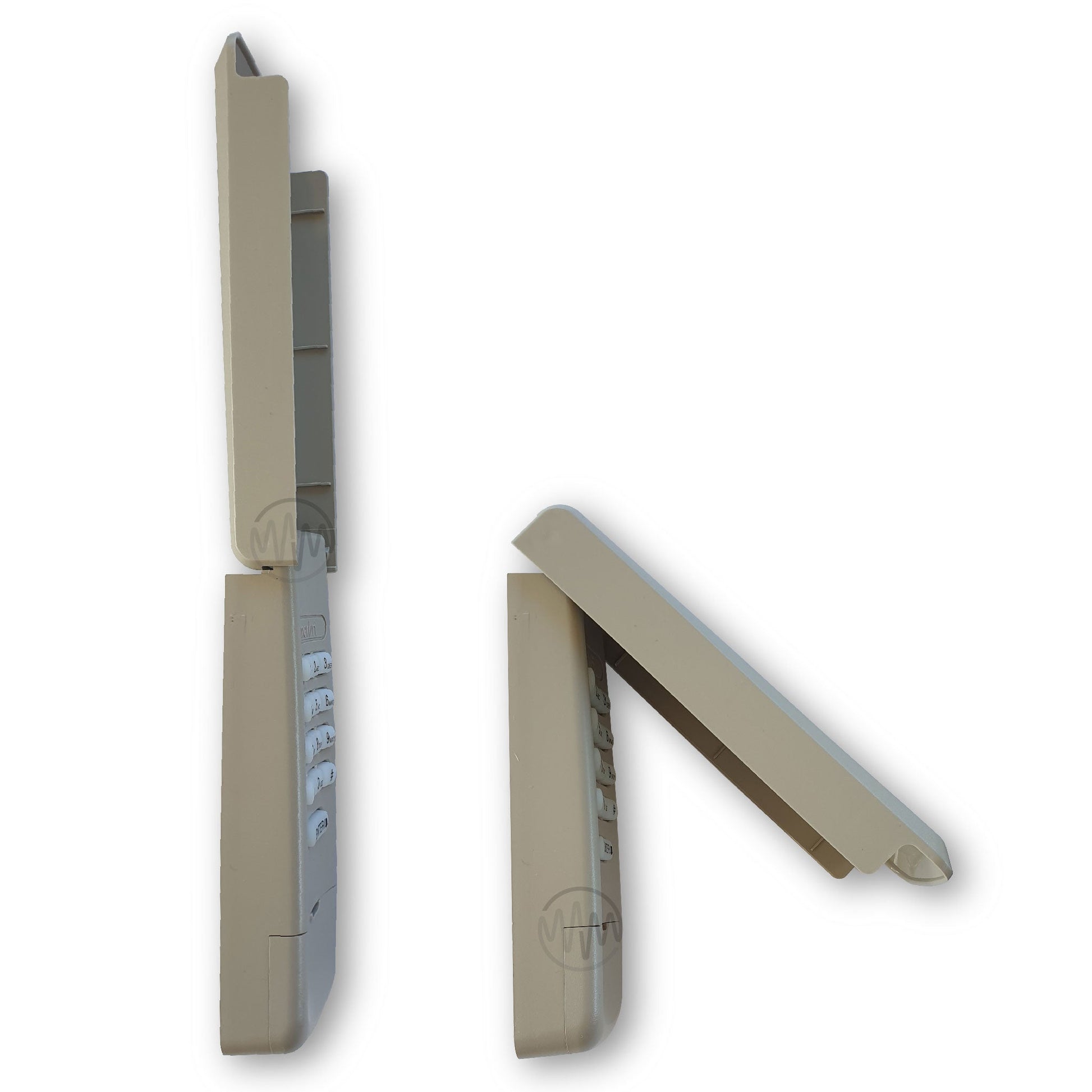 Side view open & closed of Chamberlain beige E840C keypad for garages & gates