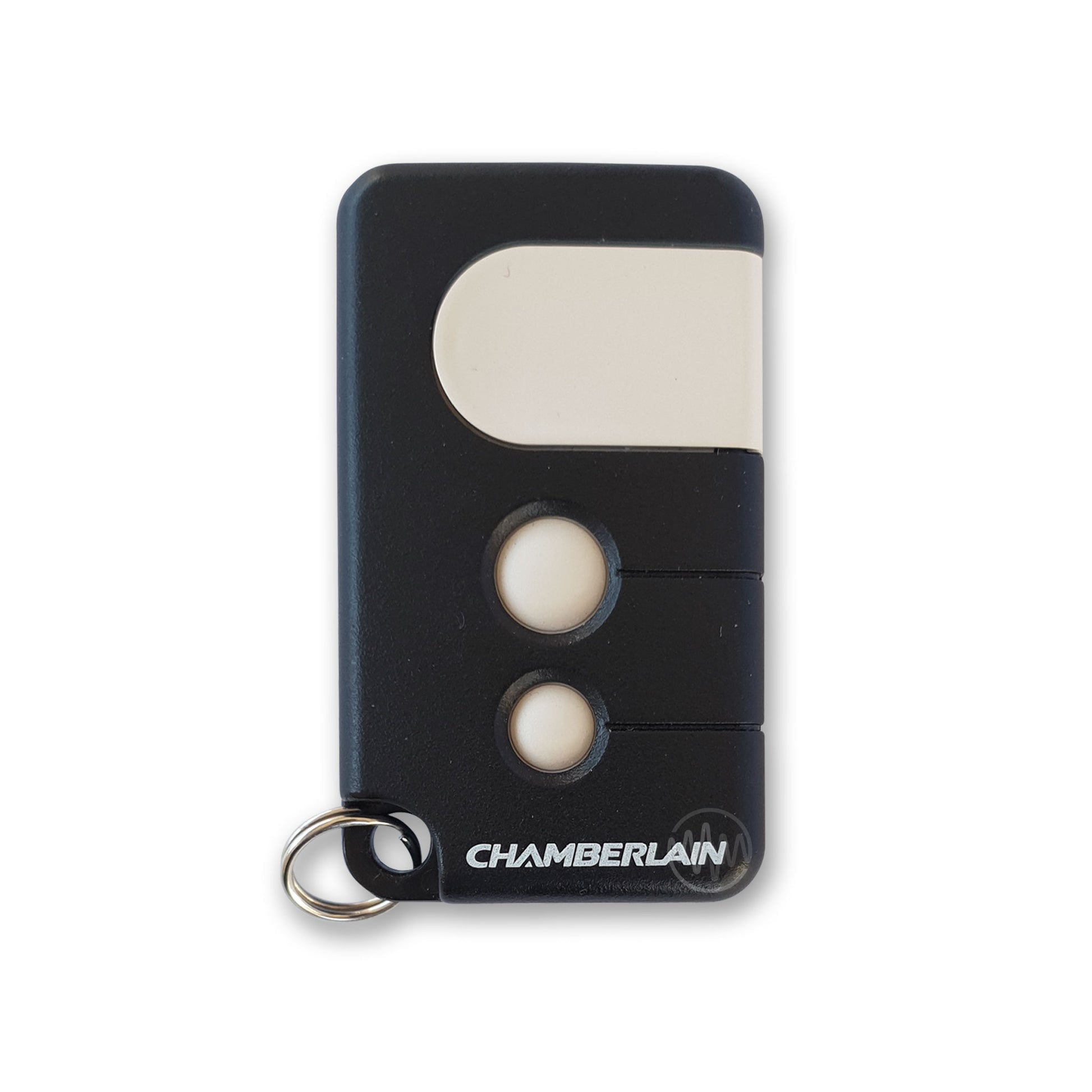 Black Chamberlain 4335A garage door remote with 1 large & 2 circular white buttons