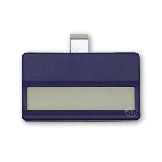 A blue remote control for garage doors with a single large button, designed in a compact rectangular shape with a visor attachment for Chamberlain 84330AML remotes