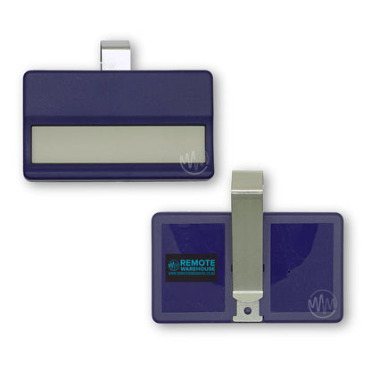 A blue remote control for garage doors with a single large button, designed in a compact rectangular shape with a visor attachment for Chamberlain 84330AML remotes