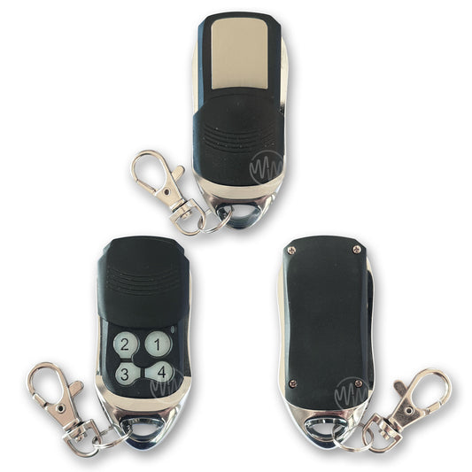 Black & chrome, 4 button key ring style Chamberlain compatible garage door remote
