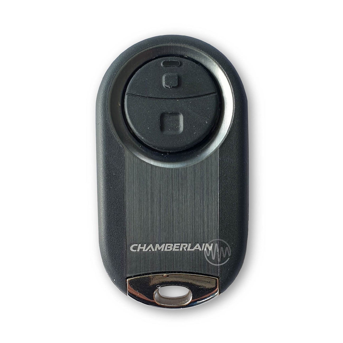 Chamberlain branded MC100AML remote with large round rubber button divided in two