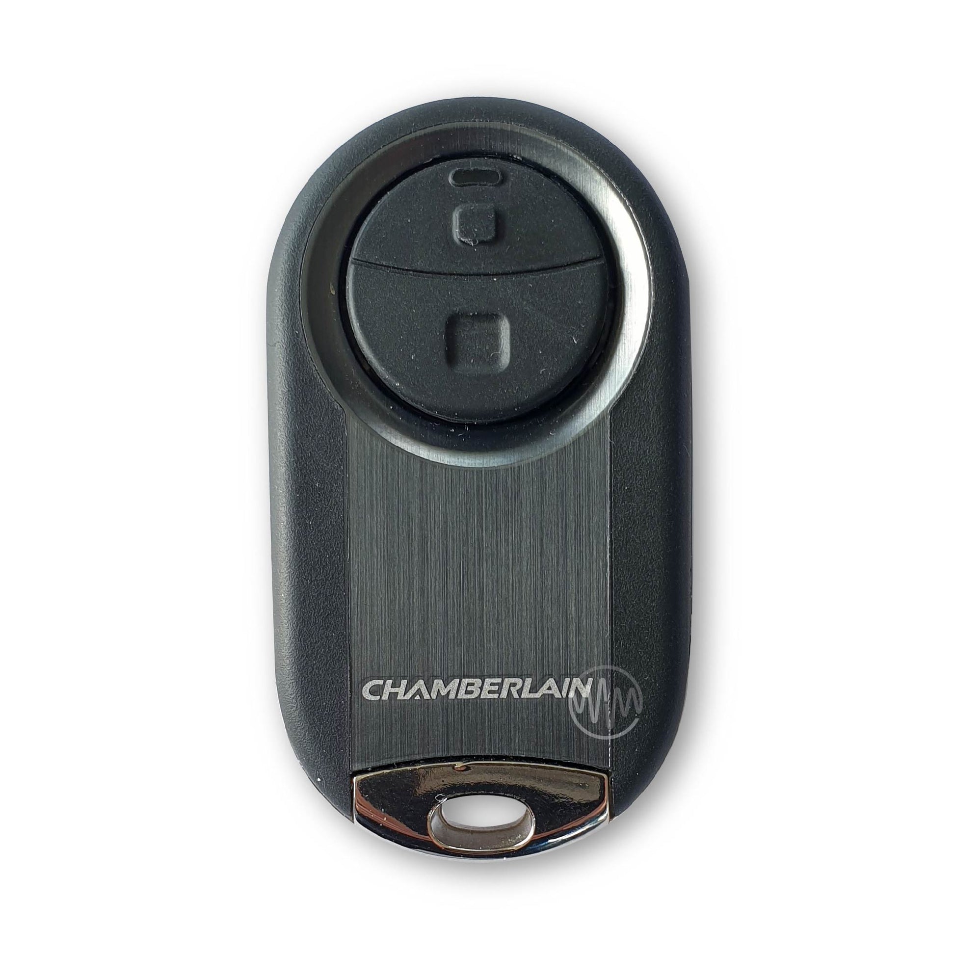 Chamberlain branded MC100AML remote with large round rubber button divided in two
