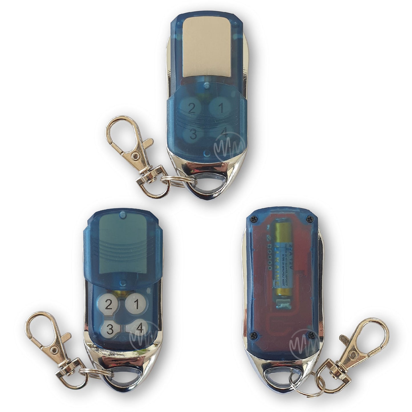 Compatible 4 button blue & chrome remote with slide cover for Cobra garage remotes front & back view
