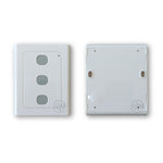 Front & back view of white square wireless wall button garage remote with 3 grey rounded buttons in a vertical line for Conqueror FS series garages