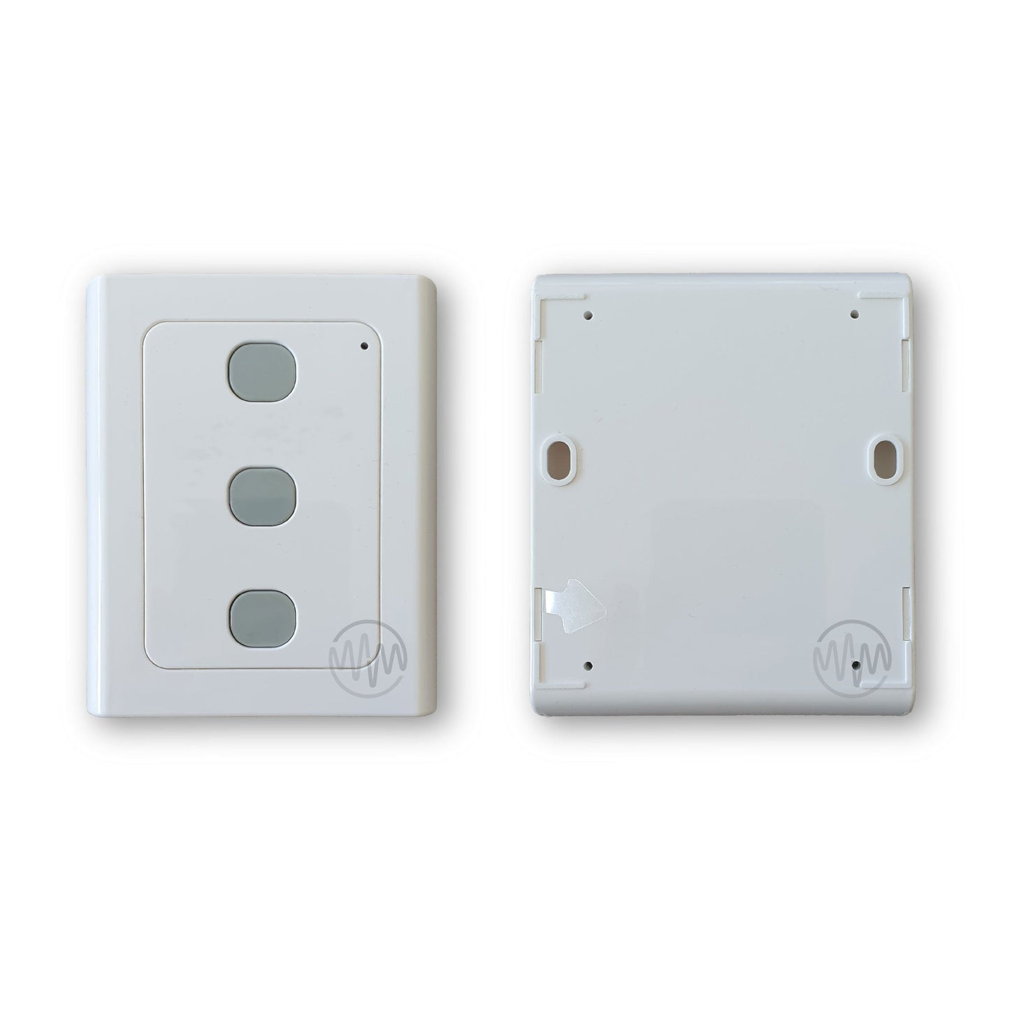 Front & back view of white square wireless wall button garage remote with 3 grey rounded buttons in a vertical line for Conqueror FS series garages