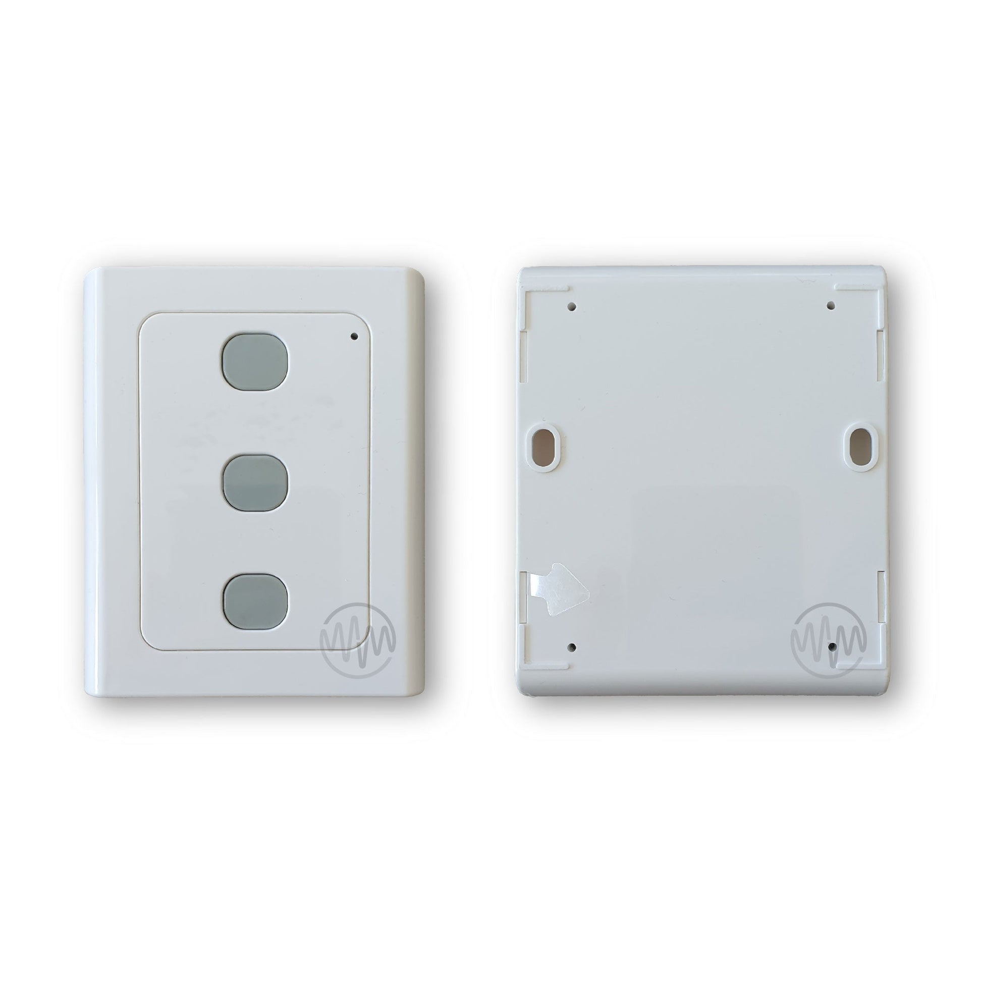 Front & back view of white square wireless wall button garage remote with 3 grey rounded buttons in a vertical line for Conqueror FS series garages