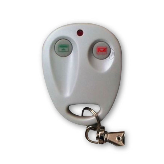 White 2 button Conqueror remote control with green open & red close icons on buttons