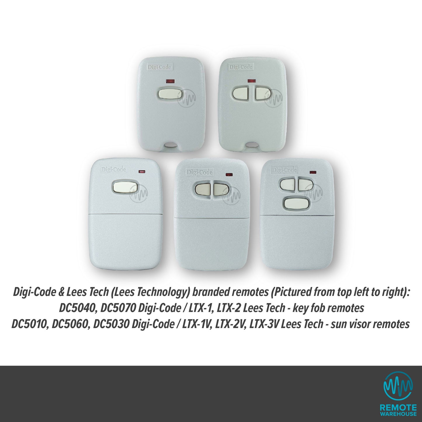 Full range of Digi-Code branded grey remotes controls with 1 - 3 buttons & red indicator light in key ring or sun visor style.