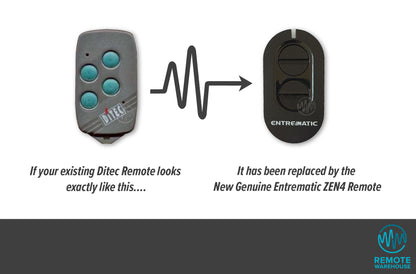Ditec branded grey oblong with 4 green button gate remote is replaced with Entrematic long black oval circle button gate remote